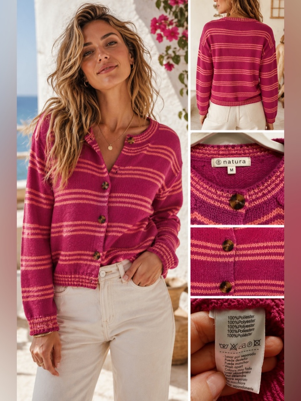 Natura Pink & Peach Striped Cardigan Sweater Cozy Knit Size M